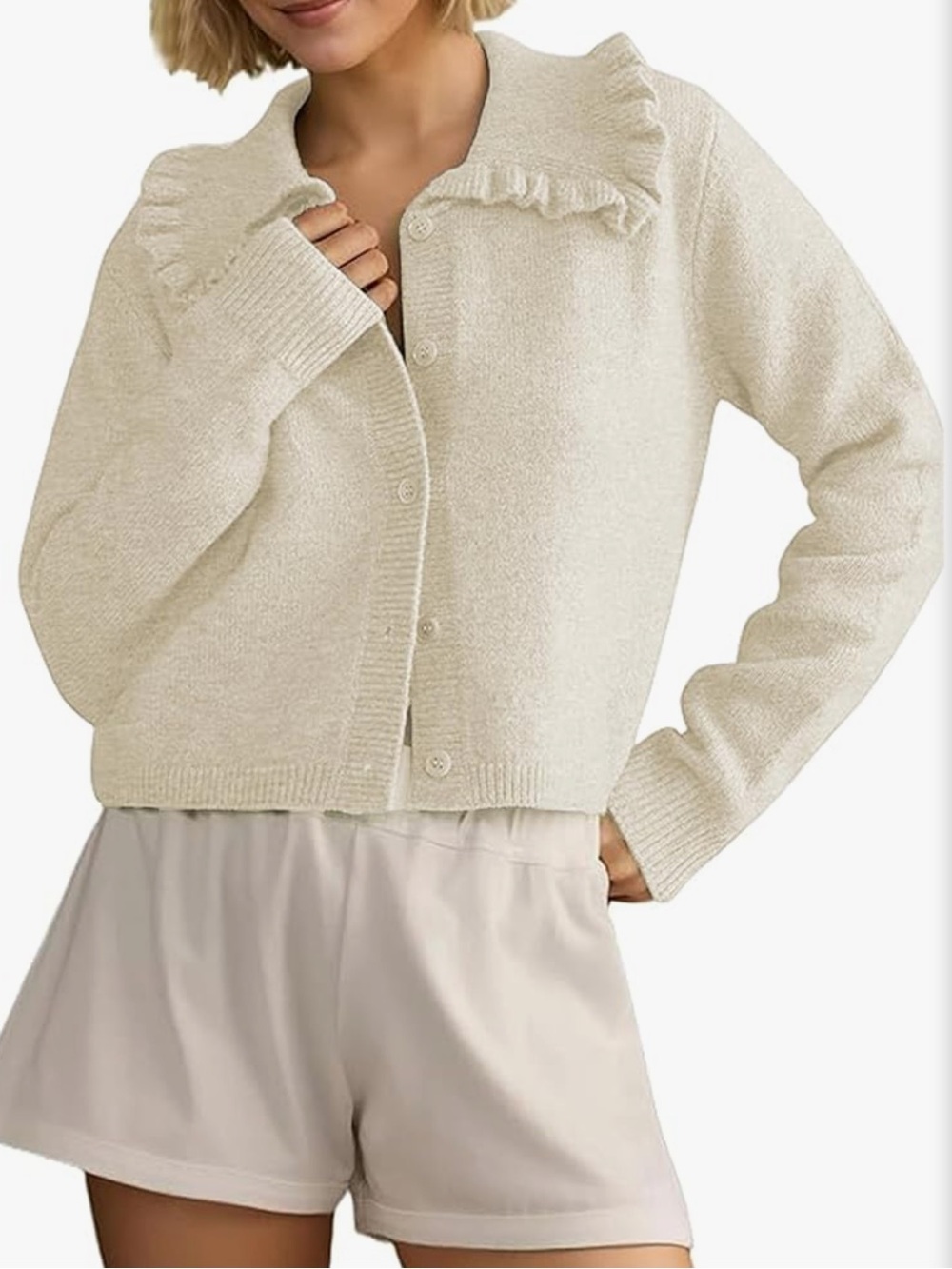 ✨Cream Ruffle Collar Button-Front Cardigan Sweater